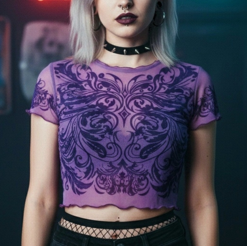 Dk illusive kingdom purple mesh velvet tribal graphic sheer crop baby tee 2X NWT